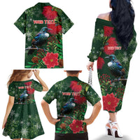 Tui Meri Kirihimete Personalised Family Matching Off The Shoulder Long Sleeve Dress and Hawaiian Shirt Pohutukawa Flowers Green Motif LT9 - Polynesian Pride