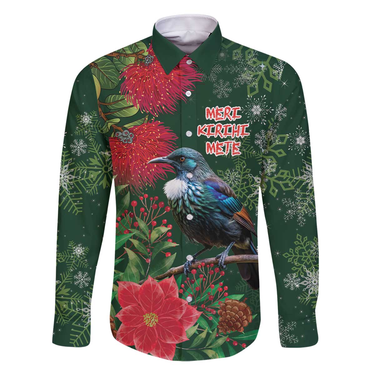 Tui Meri Kirihimete Personalised Family Matching Off The Shoulder Long Sleeve Dress and Hawaiian Shirt Pohutukawa Flowers Green Motif LT9 Dad's Shirt - Long Sleeve Green - Polynesian Pride
