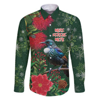 Tui Meri Kirihimete Personalised Family Matching Off The Shoulder Long Sleeve Dress and Hawaiian Shirt Pohutukawa Flowers Green Motif LT9 Dad's Shirt - Long Sleeve Green - Polynesian Pride