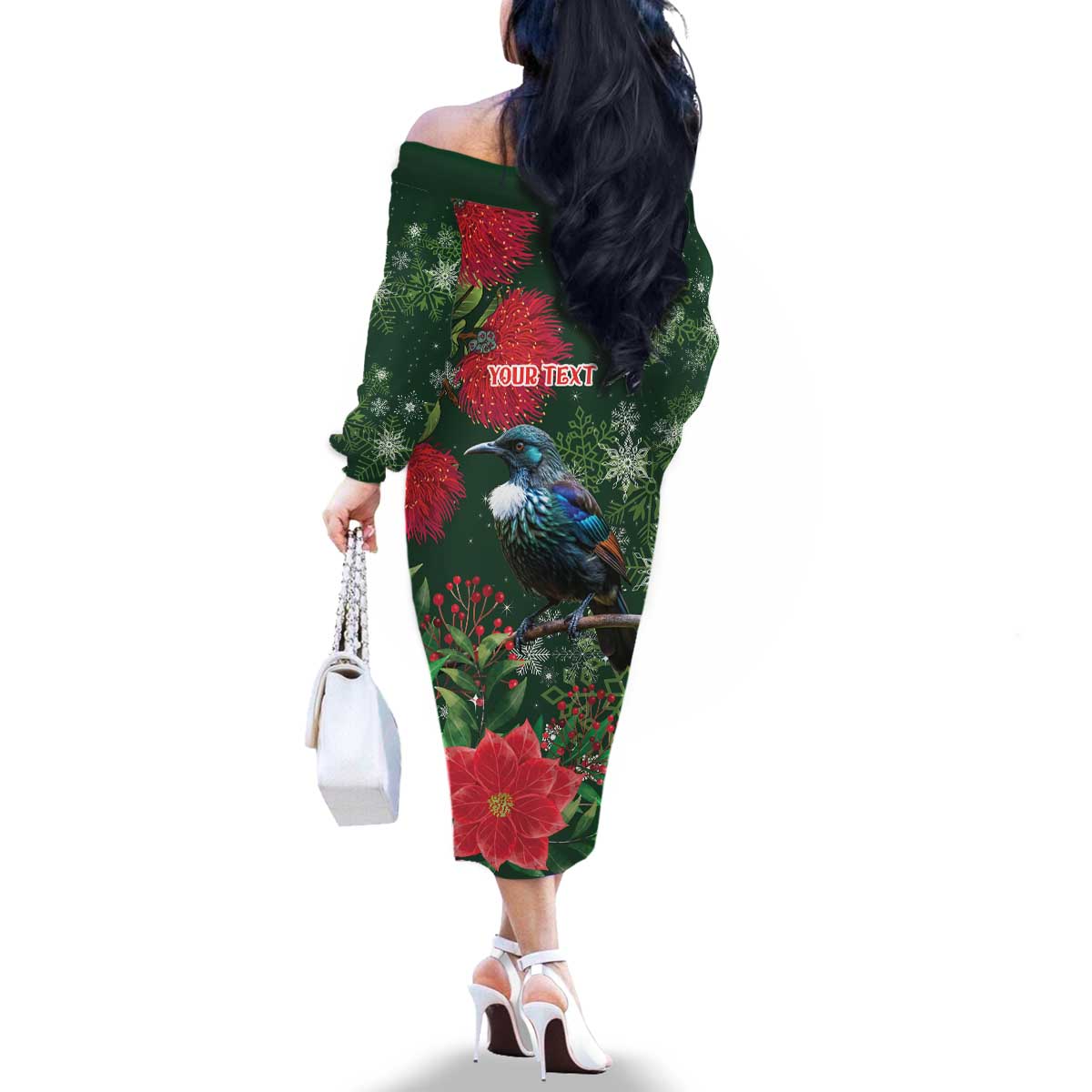 Tui Meri Kirihimete Personalised Family Matching Off The Shoulder Long Sleeve Dress and Hawaiian Shirt Pohutukawa Flowers Green Motif LT9 - Polynesian Pride