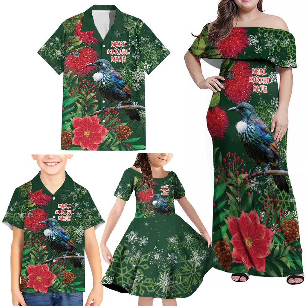 Tui Meri Kirihimete Personalised Family Matching Off Shoulder Maxi Dress and Hawaiian Shirt Pohutukawa Flowers Green Motif LT9 - Polynesian Pride