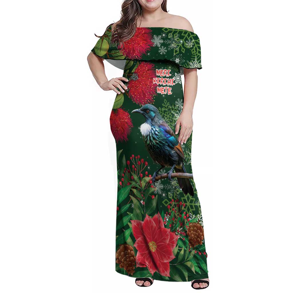 Tui Meri Kirihimete Personalised Family Matching Off Shoulder Maxi Dress and Hawaiian Shirt Pohutukawa Flowers Green Motif LT9 Mom's Dress Green - Polynesian Pride