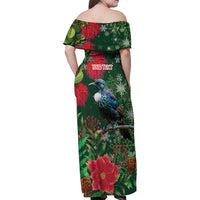Tui Meri Kirihimete Personalised Family Matching Off Shoulder Maxi Dress and Hawaiian Shirt Pohutukawa Flowers Green Motif LT9 - Polynesian Pride