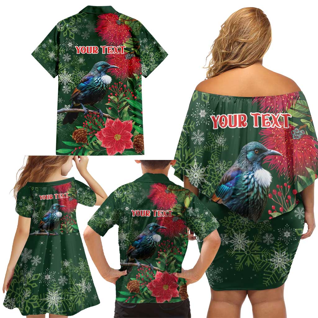 Tui Meri Kirihimete Personalised Family Matching Off Shoulder Short Dress and Hawaiian Shirt Pohutukawa Flowers Green Motif LT9 - Polynesian Pride