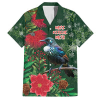 Tui Meri Kirihimete Personalised Family Matching Off Shoulder Short Dress and Hawaiian Shirt Pohutukawa Flowers Green Motif LT9 Dad's Shirt - Short Sleeve Green - Polynesian Pride