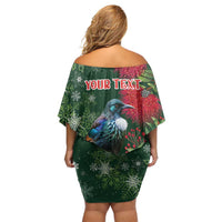 Tui Meri Kirihimete Personalised Family Matching Off Shoulder Short Dress and Hawaiian Shirt Pohutukawa Flowers Green Motif LT9 - Polynesian Pride