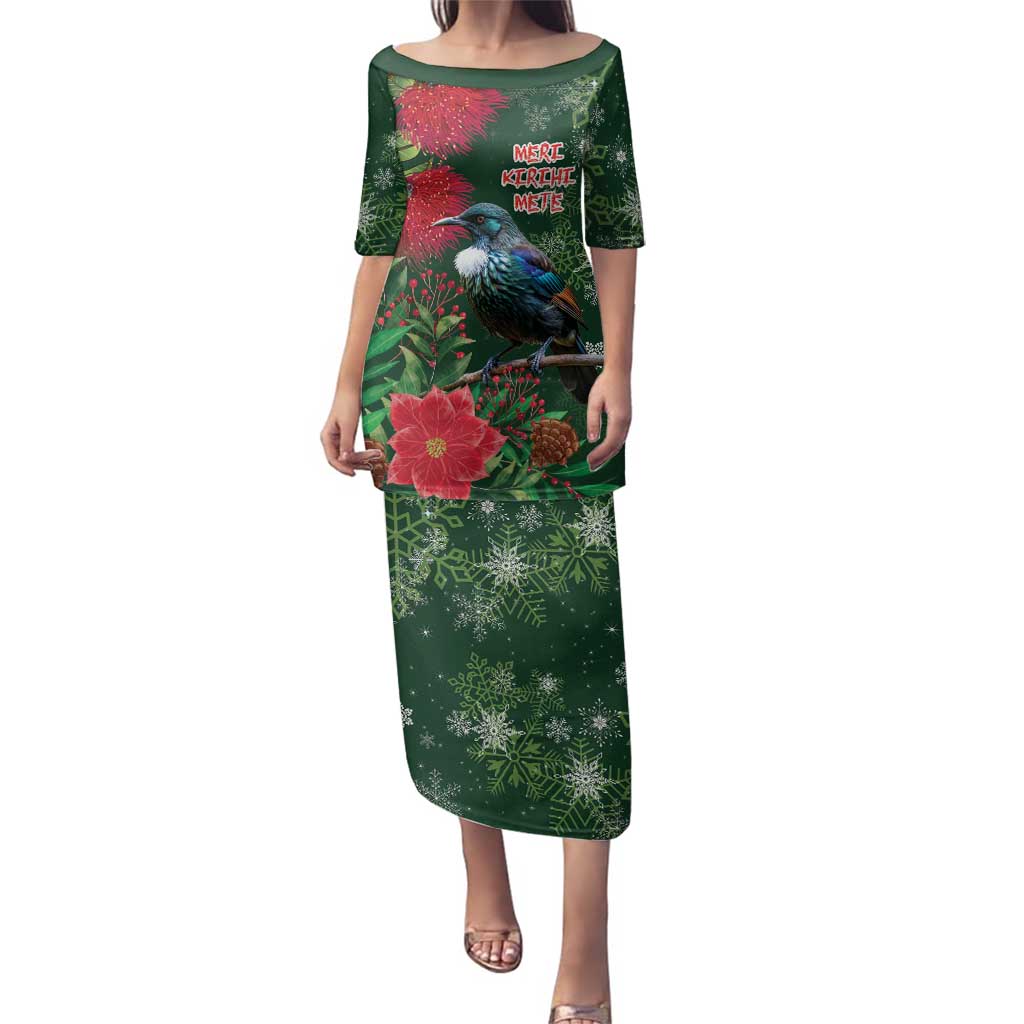 Tui Meri Kirihimete Personalised Family Matching Puletasi and Hawaiian Shirt Pohutukawa Flowers Green Motif LT9 Mom's Dress Green - Polynesian Pride