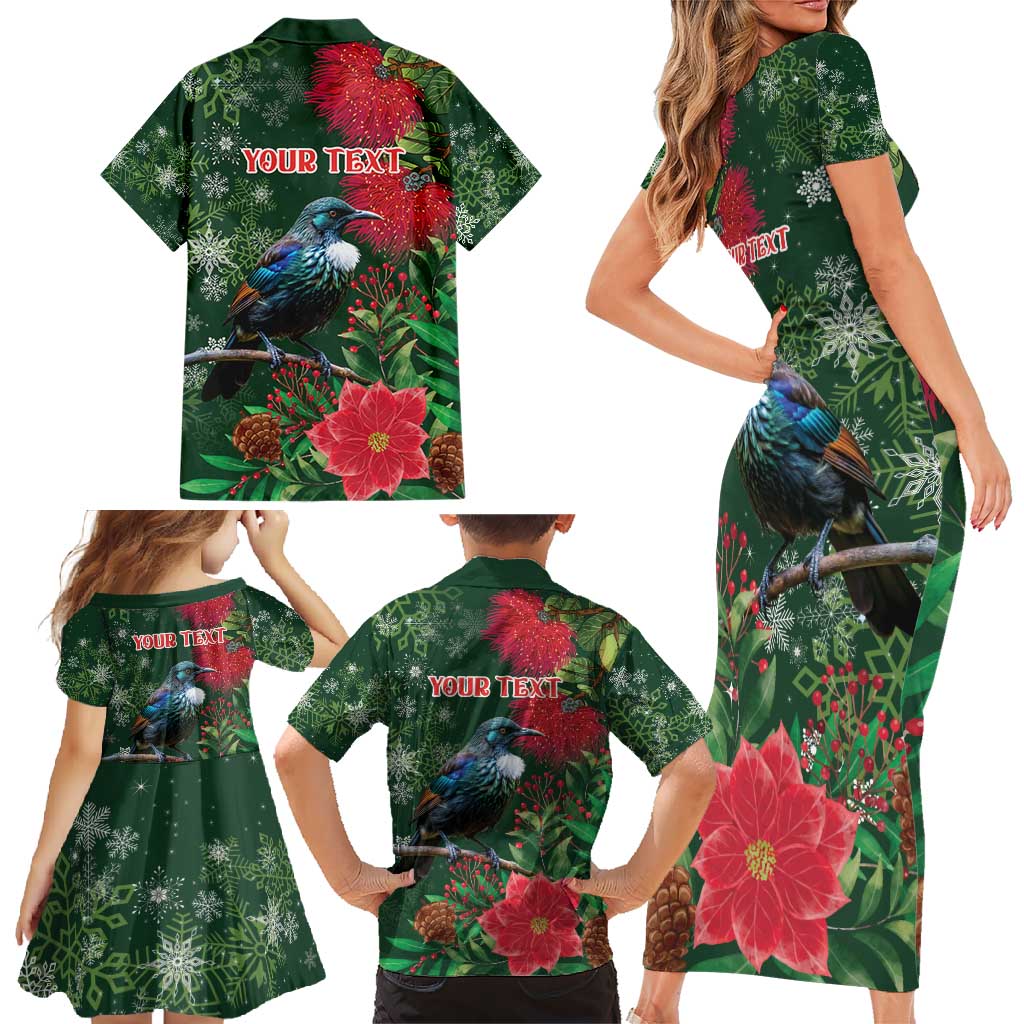 Tui Meri Kirihimete Personalised Family Matching Short Sleeve Bodycon Dress and Hawaiian Shirt Pohutukawa Flowers Green Motif LT9 - Polynesian Pride