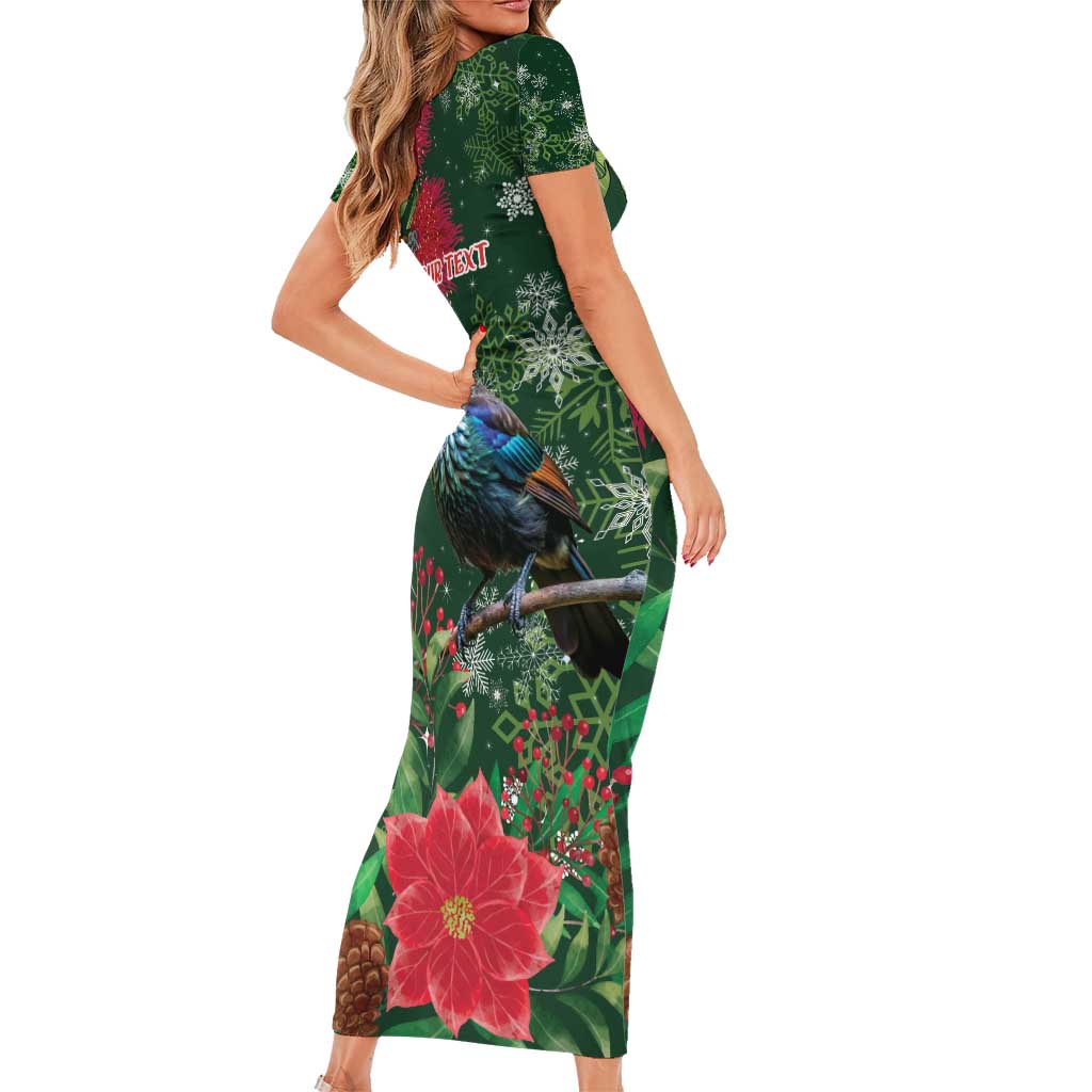 Tui Meri Kirihimete Personalised Family Matching Short Sleeve Bodycon Dress and Hawaiian Shirt Pohutukawa Flowers Green Motif LT9 - Polynesian Pride