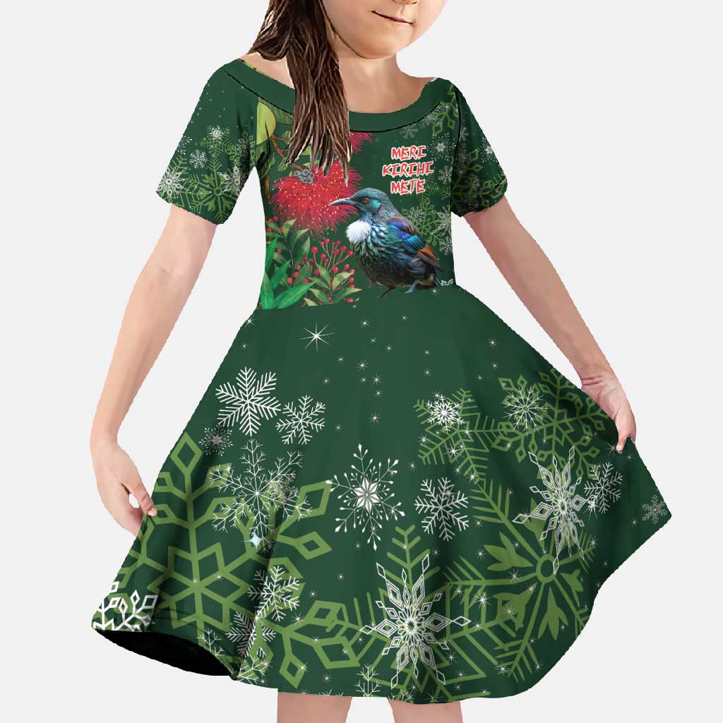 Tui Meri Kirihimete Personalised Family Matching Summer Maxi Dress and Hawaiian Shirt Pohutukawa Flowers Green Motif LT9 Daughter's Dress Green - Polynesian Pride