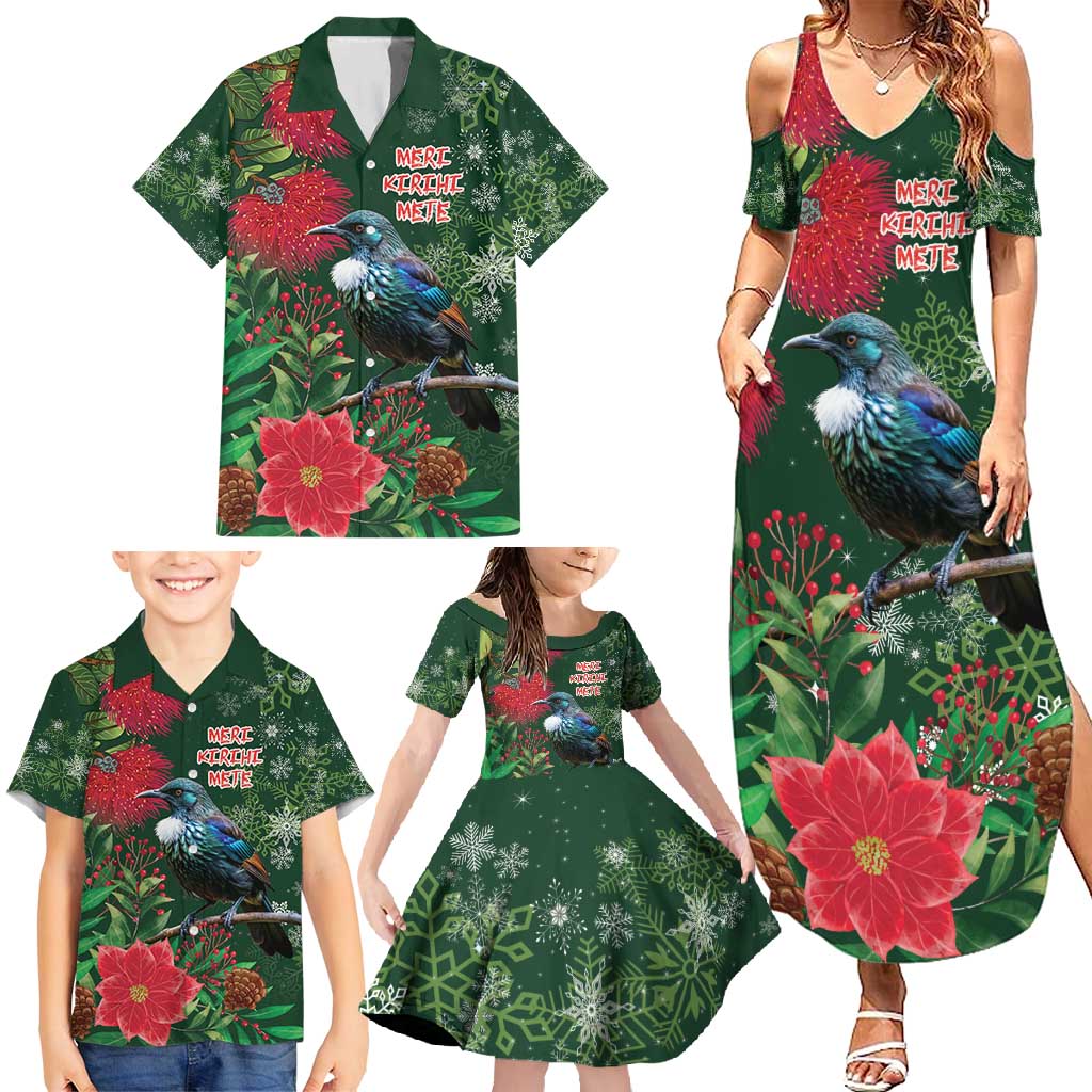 Tui Meri Kirihimete Personalised Family Matching Summer Maxi Dress and Hawaiian Shirt Pohutukawa Flowers Green Motif LT9 - Polynesian Pride