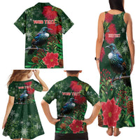 Tui Meri Kirihimete Personalised Family Matching Tank Maxi Dress and Hawaiian Shirt Pohutukawa Flowers Green Motif LT9 - Polynesian Pride