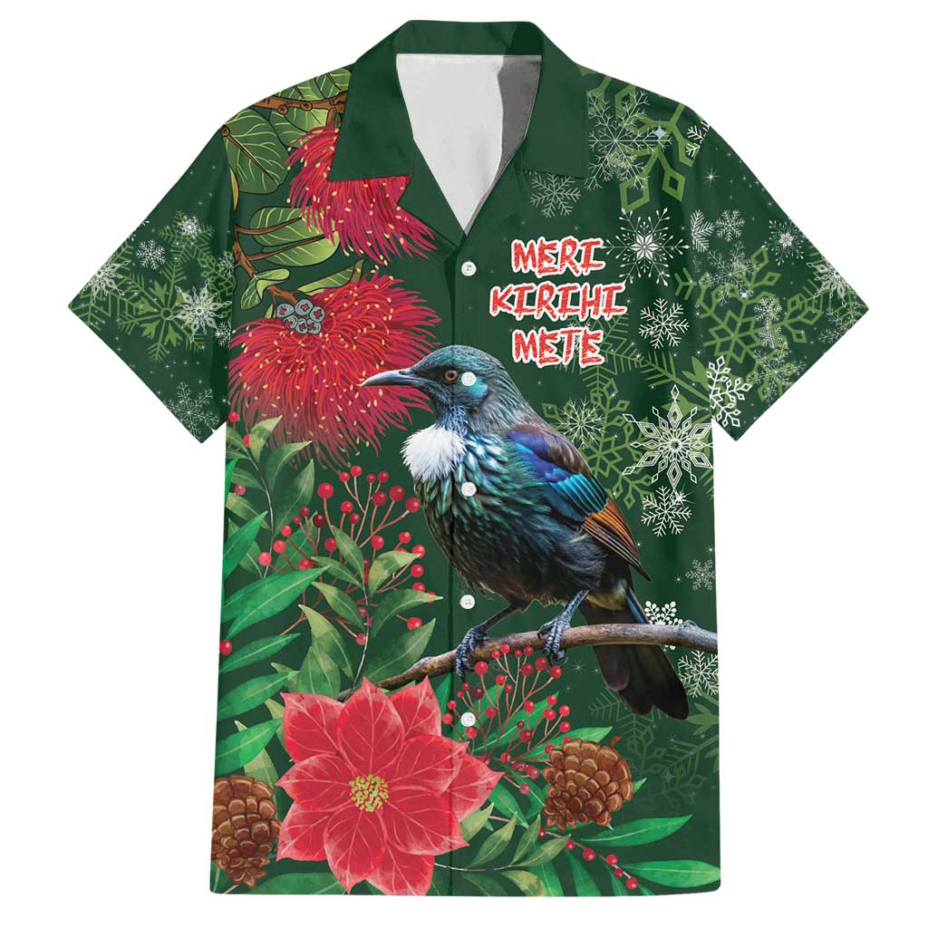 Tui Meri Kirihimete Personalised Family Matching Tank Maxi Dress and Hawaiian Shirt Pohutukawa Flowers Green Motif LT9 Dad's Shirt - Short Sleeve Green - Polynesian Pride