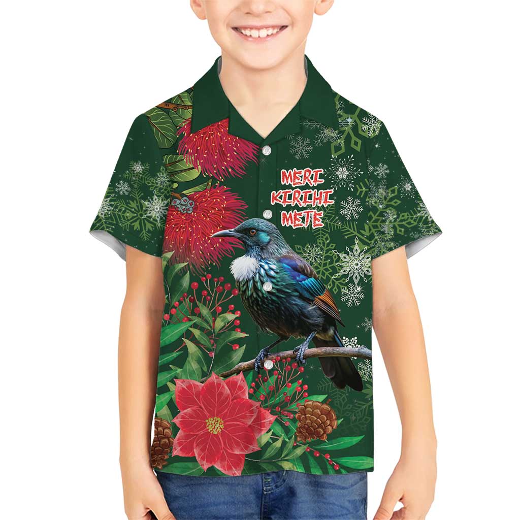 Tui Meri Kirihimete Personalised Family Matching Tank Maxi Dress and Hawaiian Shirt Pohutukawa Flowers Green Motif LT9 Son's Shirt Green - Polynesian Pride