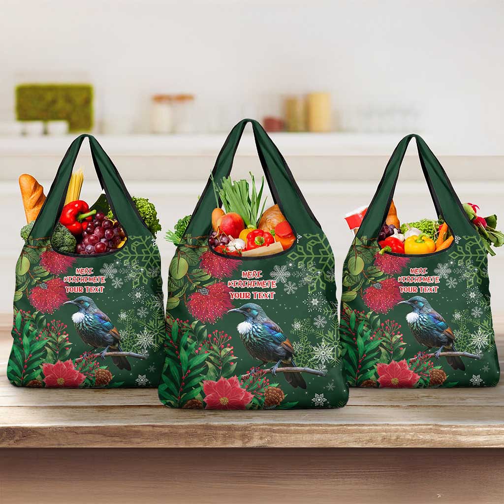 Tui Meri Kirihimete Personalised Grocery Bag Pohutukawa Flowers Green Motif LT9 3-pack One Size Green - Polynesian Pride