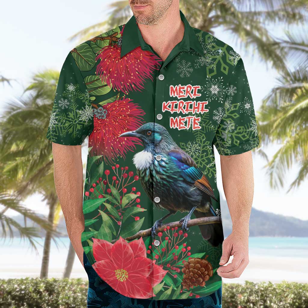 Tui Meri Kirihimete Personalised Hawaiian Shirt Pohutukawa Flowers Green Motif LT9 - Polynesian Pride