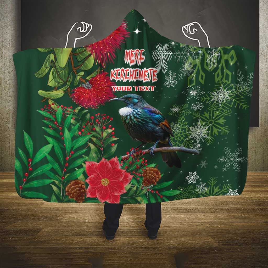 Tui Meri Kirihimete Personalised Hooded Blanket Pohutukawa Flowers Green Motif LT9 - Polynesian Pride