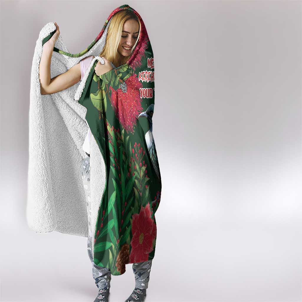 Tui Meri Kirihimete Personalised Hooded Blanket Pohutukawa Flowers Green Motif LT9 - Polynesian Pride