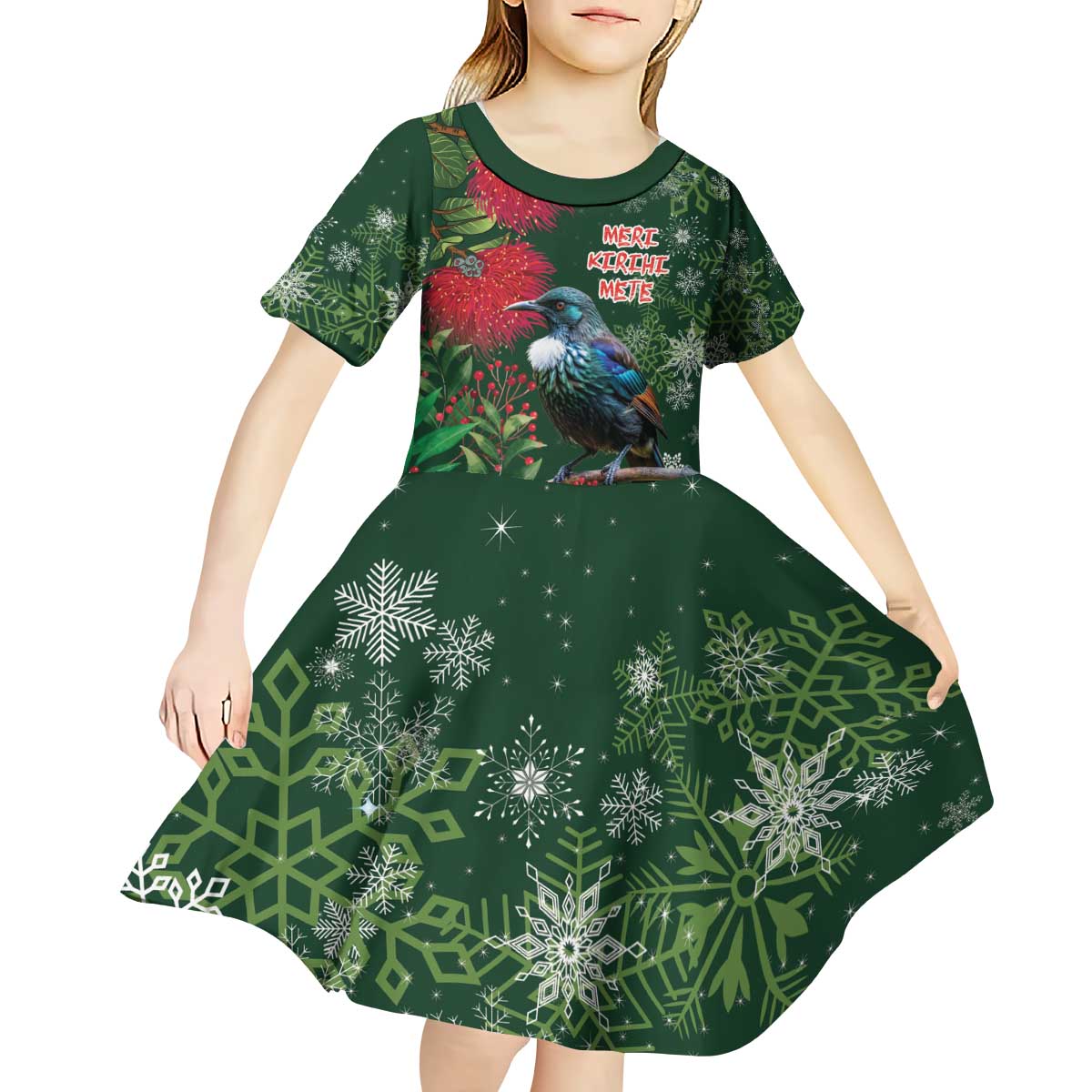 Tui Meri Kirihimete Personalised Kid Short Sleeve Dress Pohutukawa Flowers Green Motif LT9 - Polynesian Pride