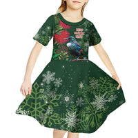 Tui Meri Kirihimete Personalised Kid Short Sleeve Dress Pohutukawa Flowers Green Motif LT9 - Polynesian Pride