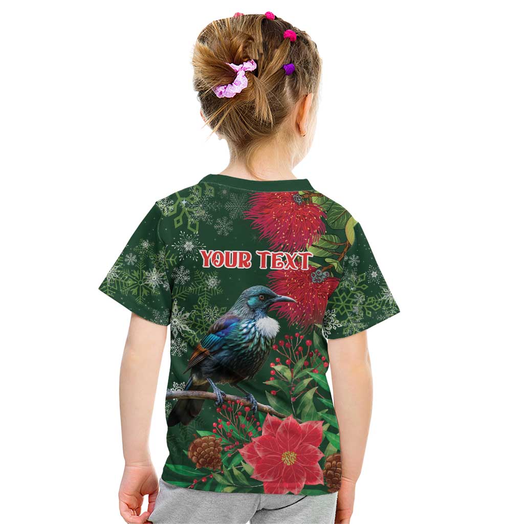 Tui Meri Kirihimete Personalised Kid T Shirt Pohutukawa Flowers Green Motif LT9 - Polynesian Pride