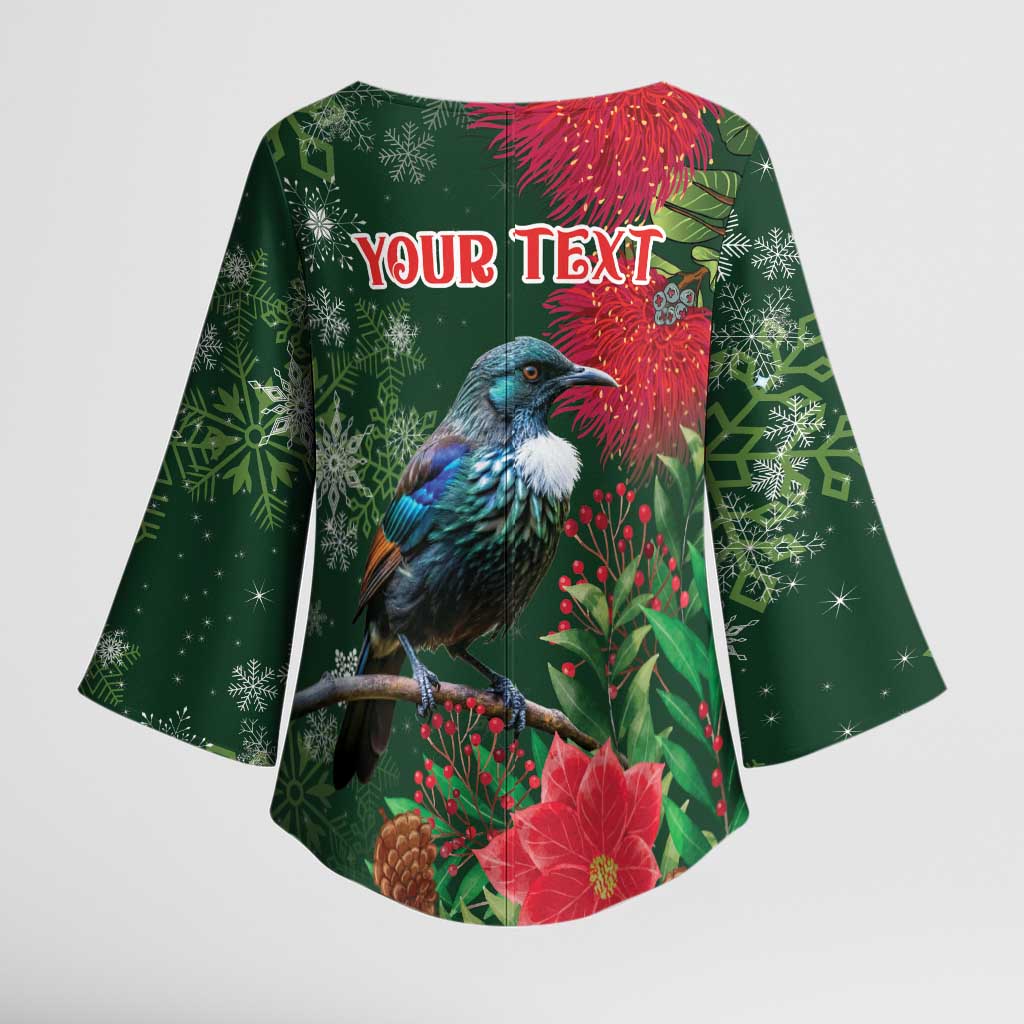 Tui Meri Kirihimete Personalised Kimono Sleeve Blouse Pohutukawa Flowers Green Motif LT9 - Polynesian Pride