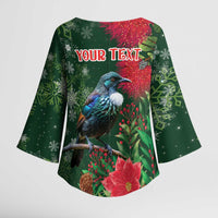 Tui Meri Kirihimete Personalised Kimono Sleeve Blouse Pohutukawa Flowers Green Motif LT9 - Polynesian Pride