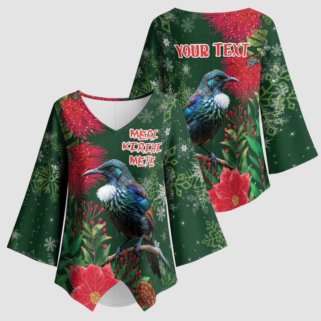 Tui Meri Kirihimete Personalised Kimono Sleeve Blouse Pohutukawa Flowers Green Motif LT9 - Polynesian Pride