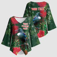 Tui Meri Kirihimete Personalised Kimono Sleeve Blouse Pohutukawa Flowers Green Motif LT9 - Polynesian Pride