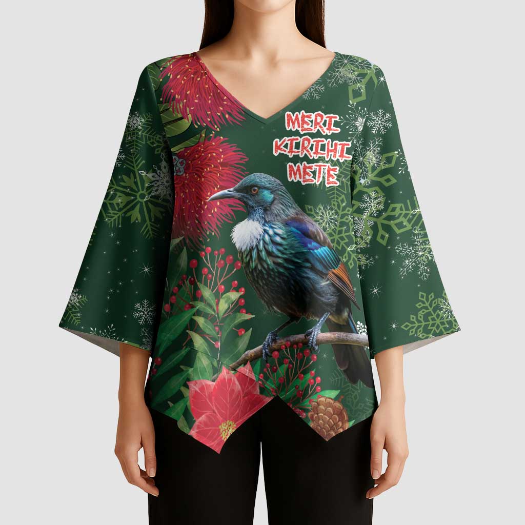 Tui Meri Kirihimete Personalised Kimono Sleeve Blouse Pohutukawa Flowers Green Motif LT9 - Polynesian Pride