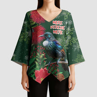 Tui Meri Kirihimete Personalised Kimono Sleeve Blouse Pohutukawa Flowers Green Motif LT9 - Polynesian Pride