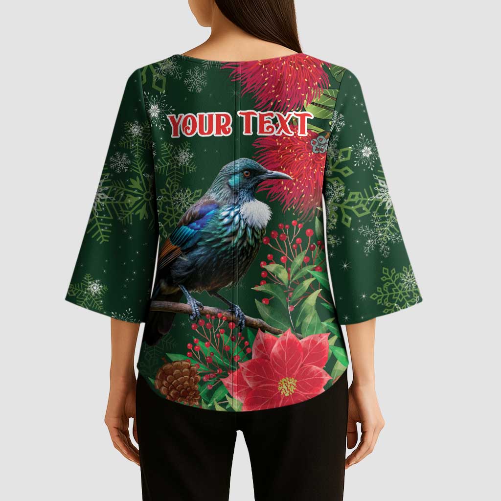 Tui Meri Kirihimete Personalised Kimono Sleeve Blouse Pohutukawa Flowers Green Motif LT9 - Polynesian Pride