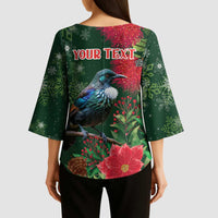 Tui Meri Kirihimete Personalised Kimono Sleeve Blouse Pohutukawa Flowers Green Motif LT9 - Polynesian Pride