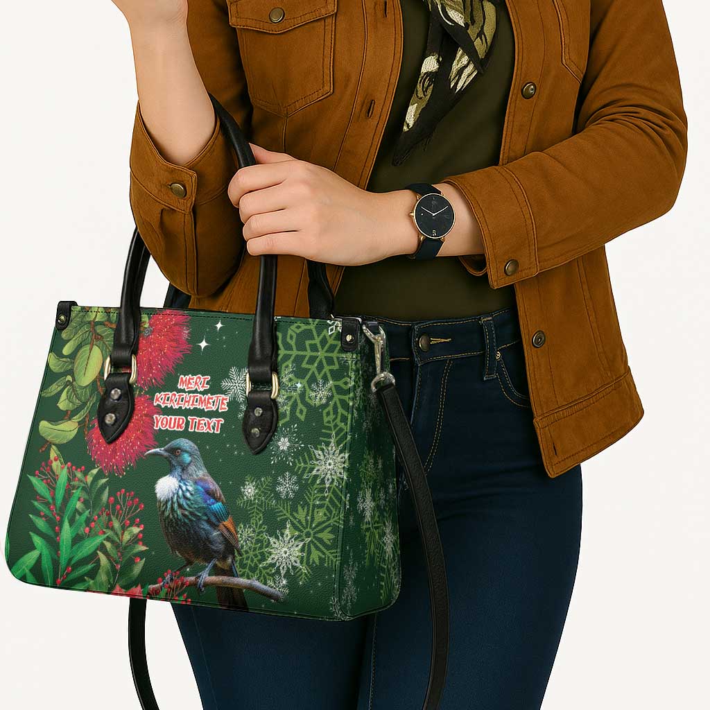 Tui Meri Kirihimete Personalised Leather Bag Pohutukawa Flowers Green Motif - Polynesian Pride