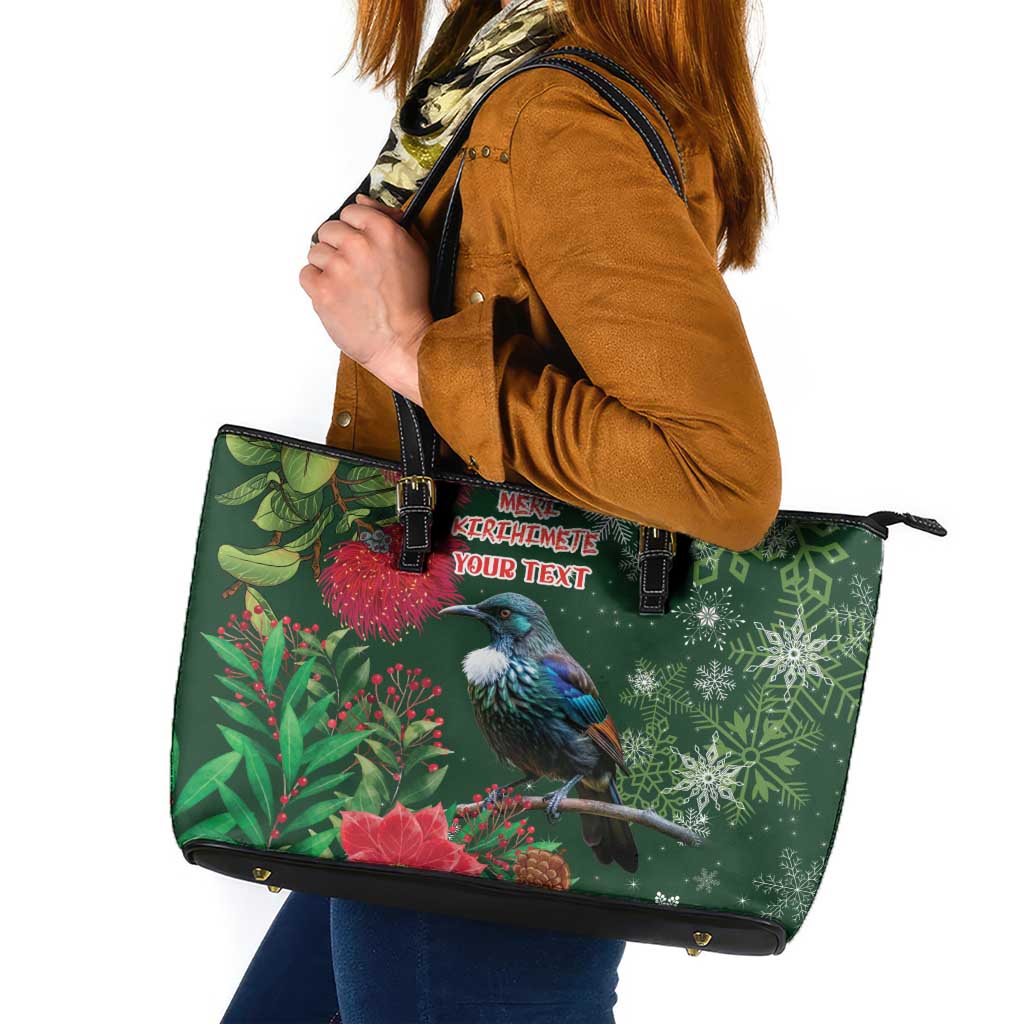 Tui Meri Kirihimete Personalised Leather Tote Bag Pohutukawa Flowers Green Motif LT9 Green - Polynesian Pride