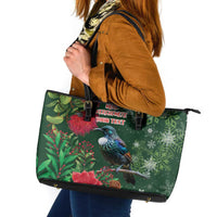 Tui Meri Kirihimete Personalised Leather Tote Bag Pohutukawa Flowers Green Motif LT9 Green - Polynesian Pride