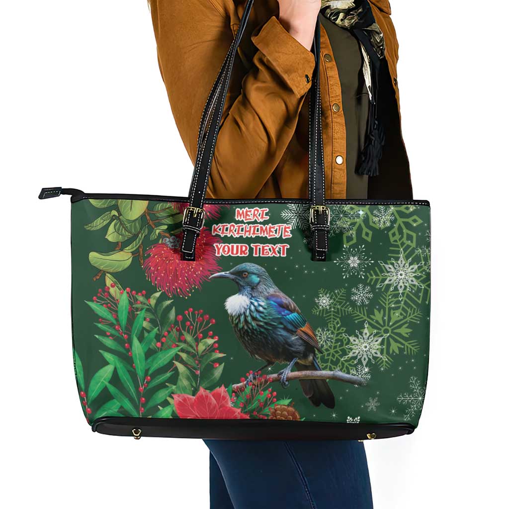 Tui Meri Kirihimete Personalised Leather Tote Bag Pohutukawa Flowers Green Motif LT9 - Polynesian Pride