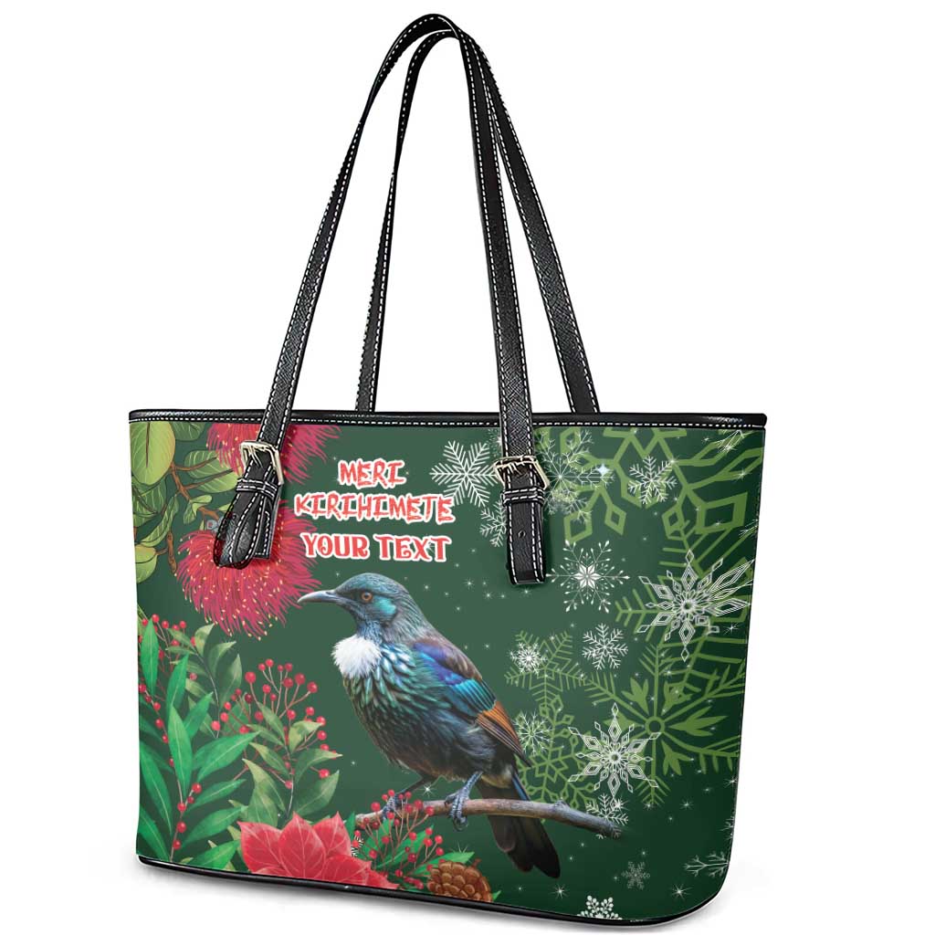 Tui Meri Kirihimete Personalised Leather Tote Bag Pohutukawa Flowers Green Motif LT9 - Polynesian Pride