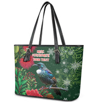 Tui Meri Kirihimete Personalised Leather Tote Bag Pohutukawa Flowers Green Motif LT9 - Polynesian Pride