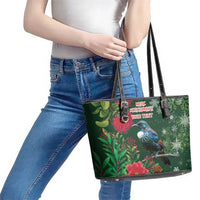 Tui Meri Kirihimete Personalised Leather Tote Bag Pohutukawa Flowers Green Motif LT9 - Polynesian Pride