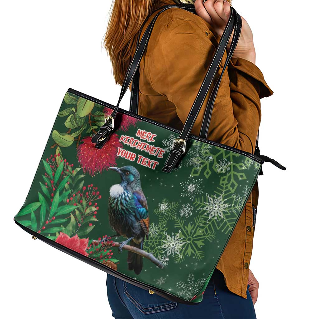 Tui Meri Kirihimete Personalised Leather Tote Bag Pohutukawa Flowers Green Motif LT9 - Polynesian Pride