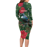 Tui Meri Kirihimete Personalised Long Sleeve Bodycon Dress Pohutukawa Flowers Green Motif LT9 - Polynesian Pride