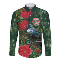 Tui Meri Kirihimete Personalised Long Sleeve Button Shirt Pohutukawa Flowers Green Motif LT9 Unisex Green - Polynesian Pride