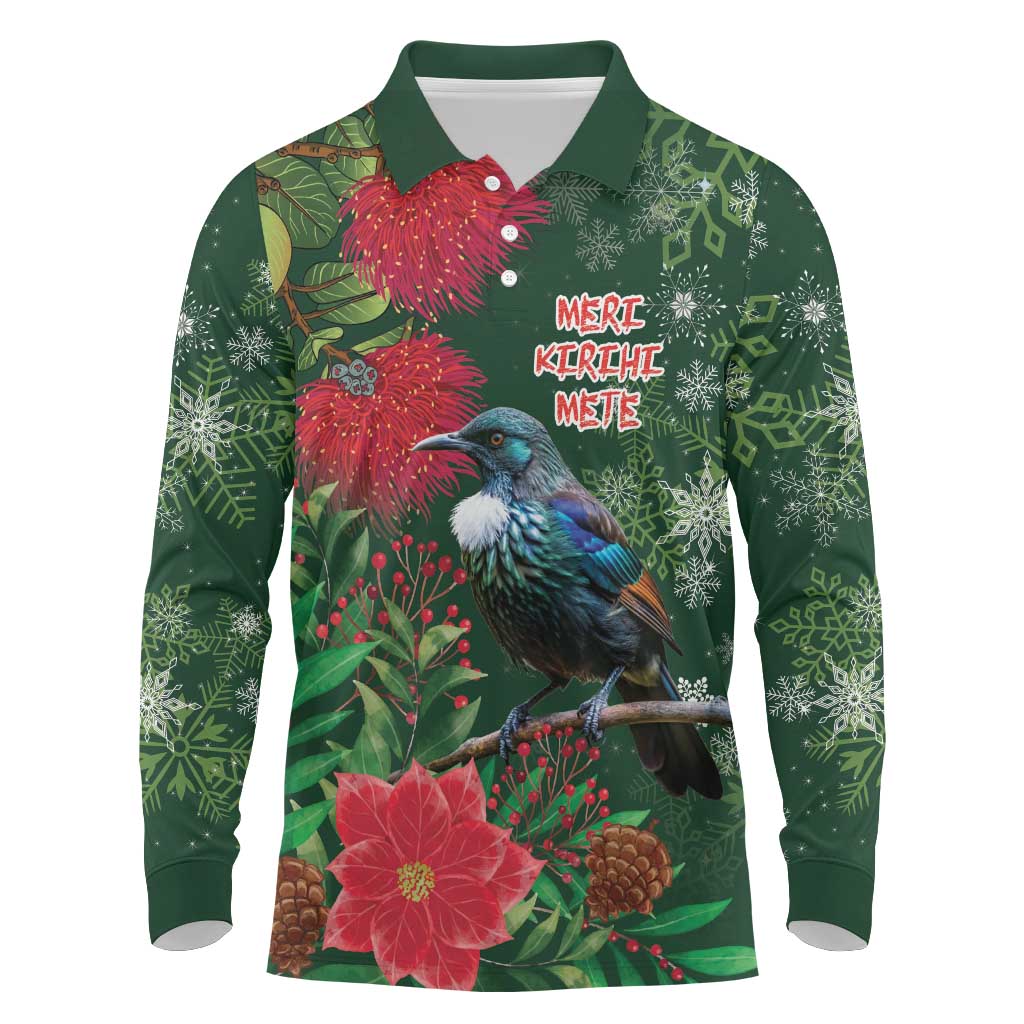 Tui Meri Kirihimete Personalised Long Sleeve Polo Shirt Pohutukawa Flowers Green Motif LT9 Green - Polynesian Pride