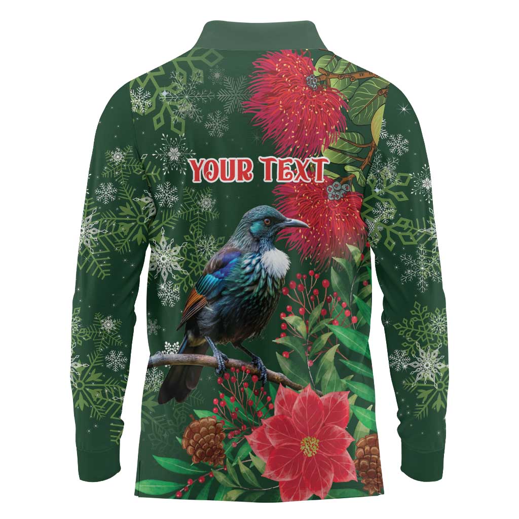 Tui Meri Kirihimete Personalised Long Sleeve Polo Shirt Pohutukawa Flowers Green Motif LT9 - Polynesian Pride