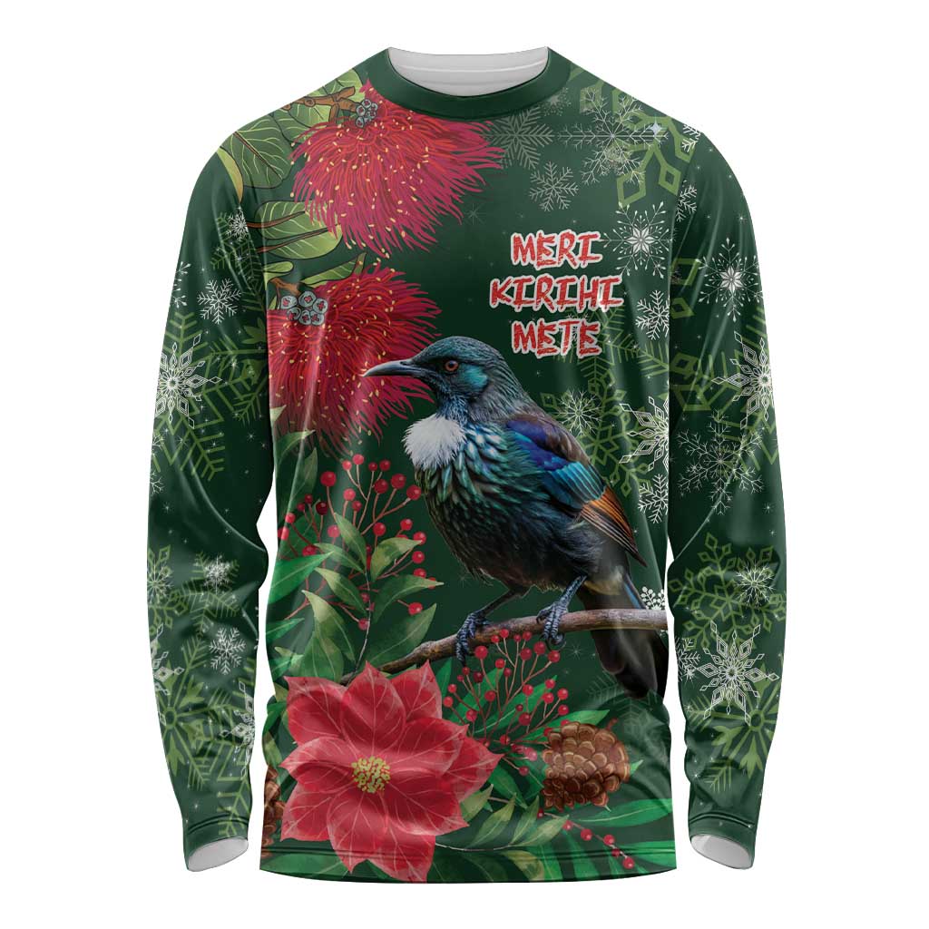 Tui Meri Kirihimete Personalised Long Sleeve Shirt Pohutukawa Flowers Green Motif LT9 Unisex Green - Polynesian Pride