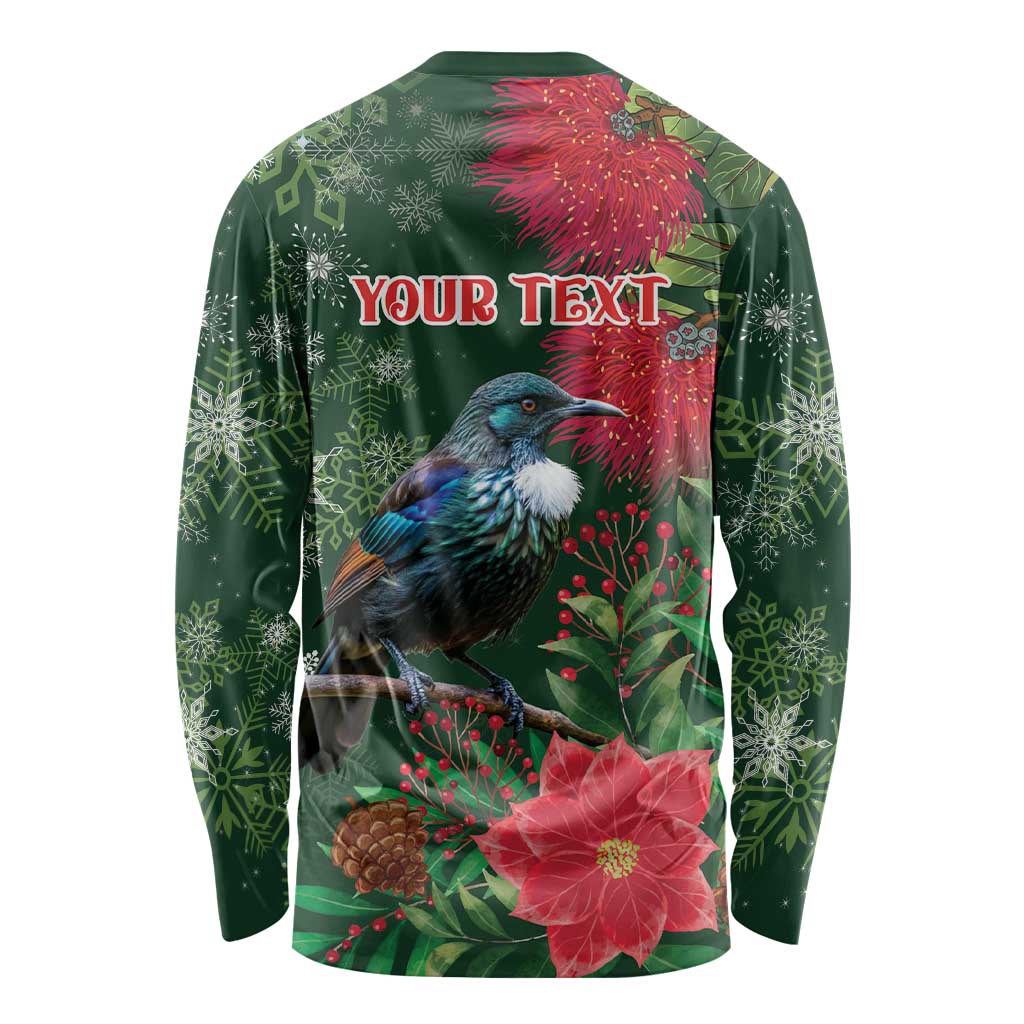 Tui Meri Kirihimete Personalised Long Sleeve Shirt Pohutukawa Flowers Green Motif LT9 - Polynesian Pride