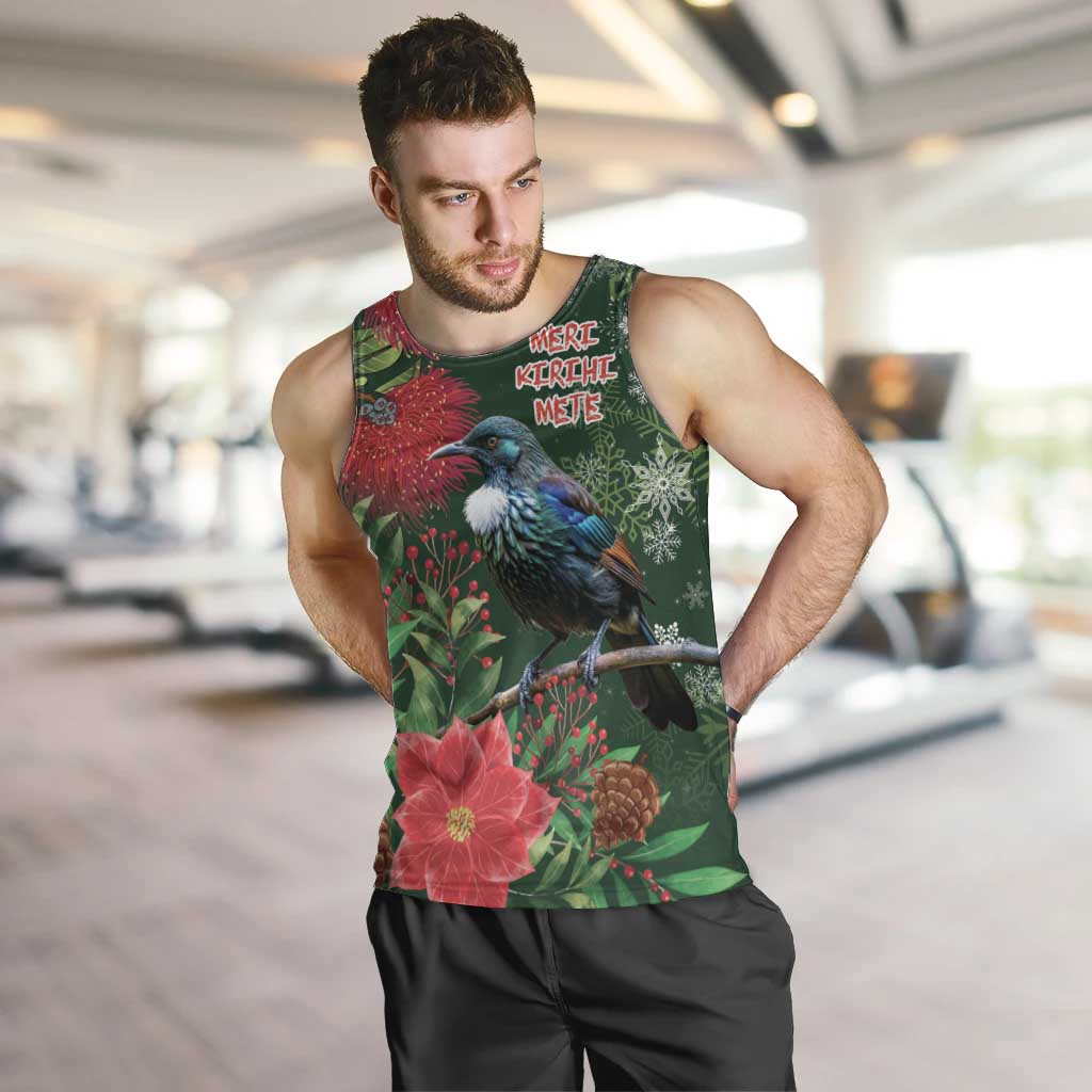 Tui Meri Kirihimete Personalised Men Tank Top Pohutukawa Flowers Green Motif LT9 Green - Polynesian Pride