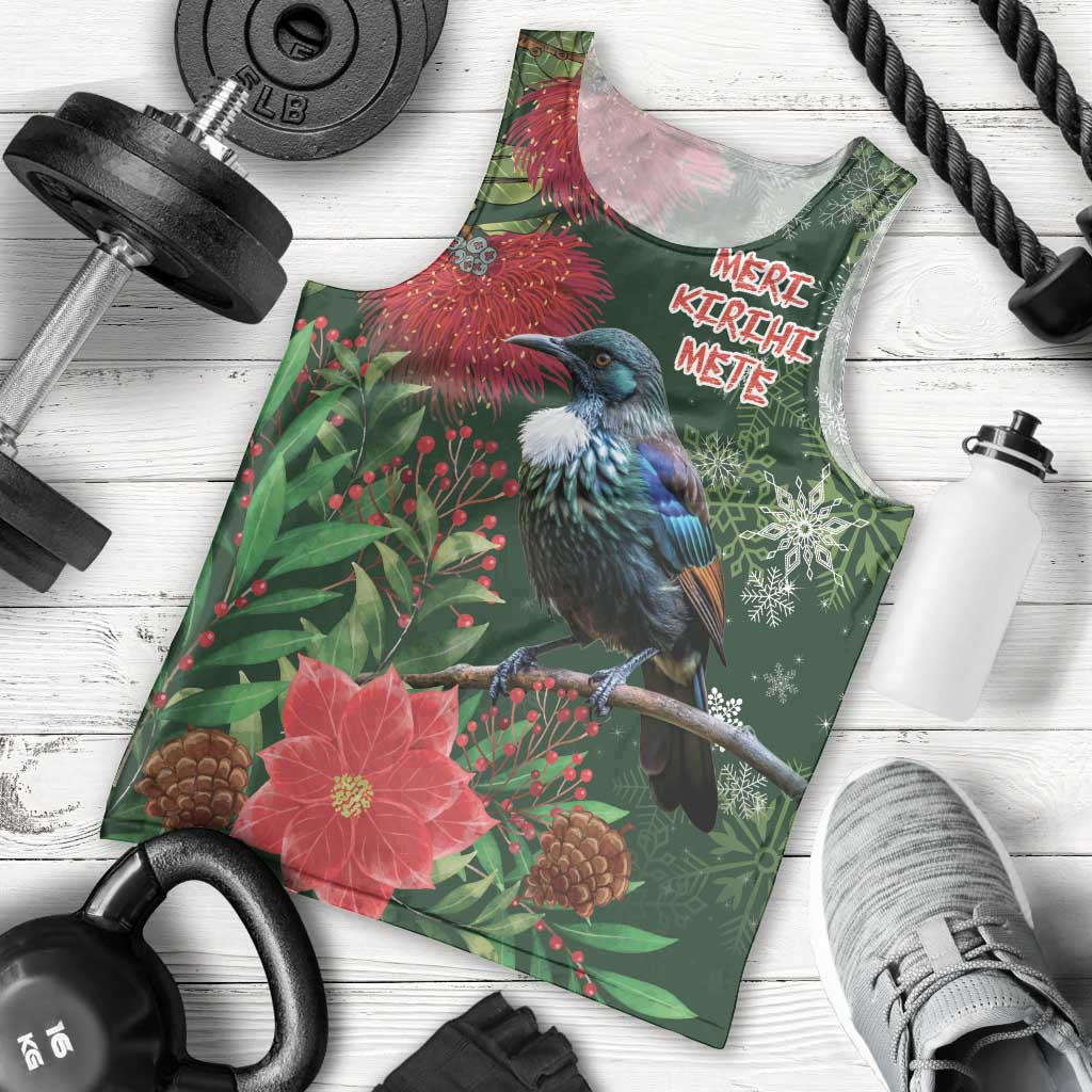 Tui Meri Kirihimete Personalised Men Tank Top Pohutukawa Flowers Green Motif LT9 - Polynesian Pride