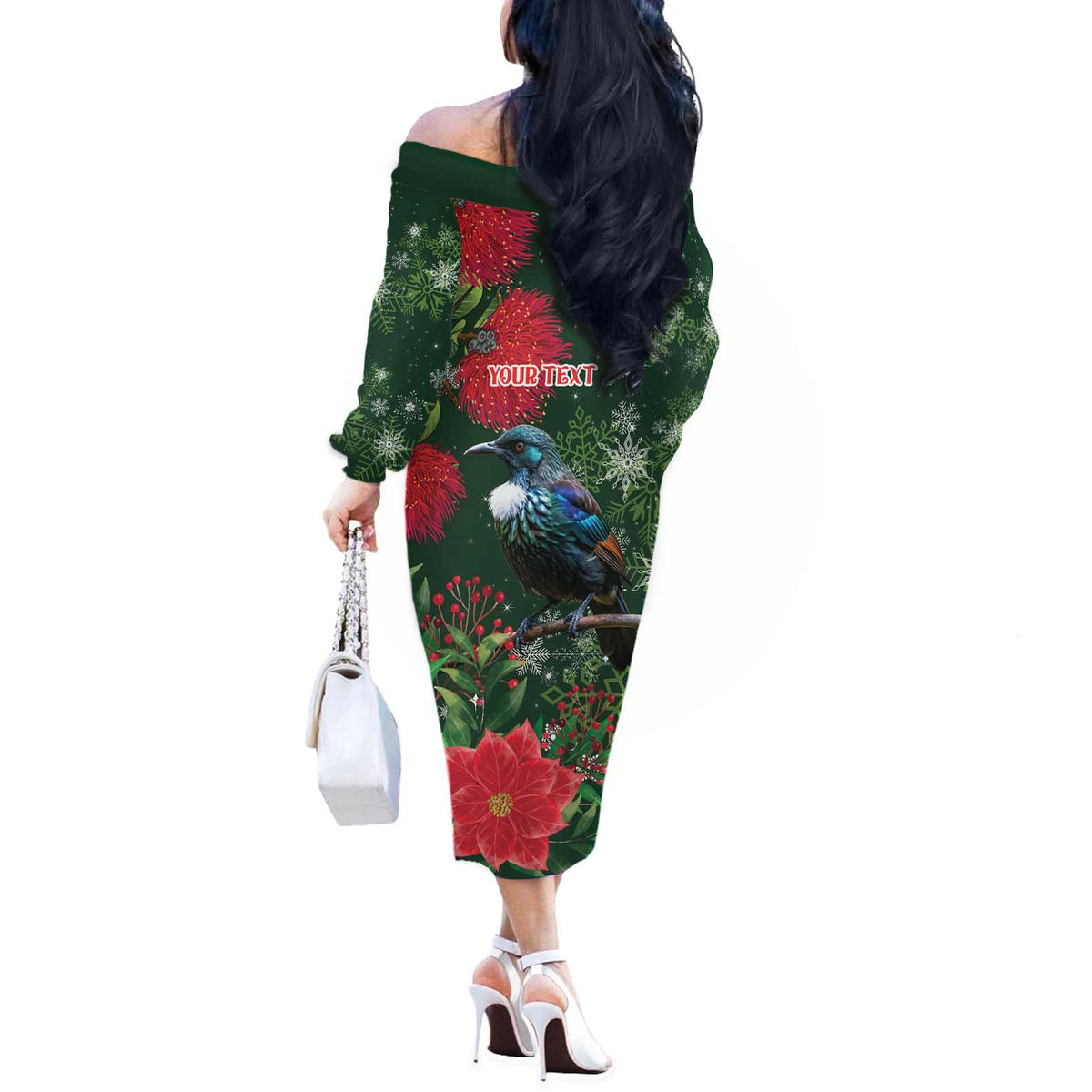 Tui Meri Kirihimete Personalised Off The Shoulder Long Sleeve Dress Pohutukawa Flowers Green Motif LT9 - Polynesian Pride